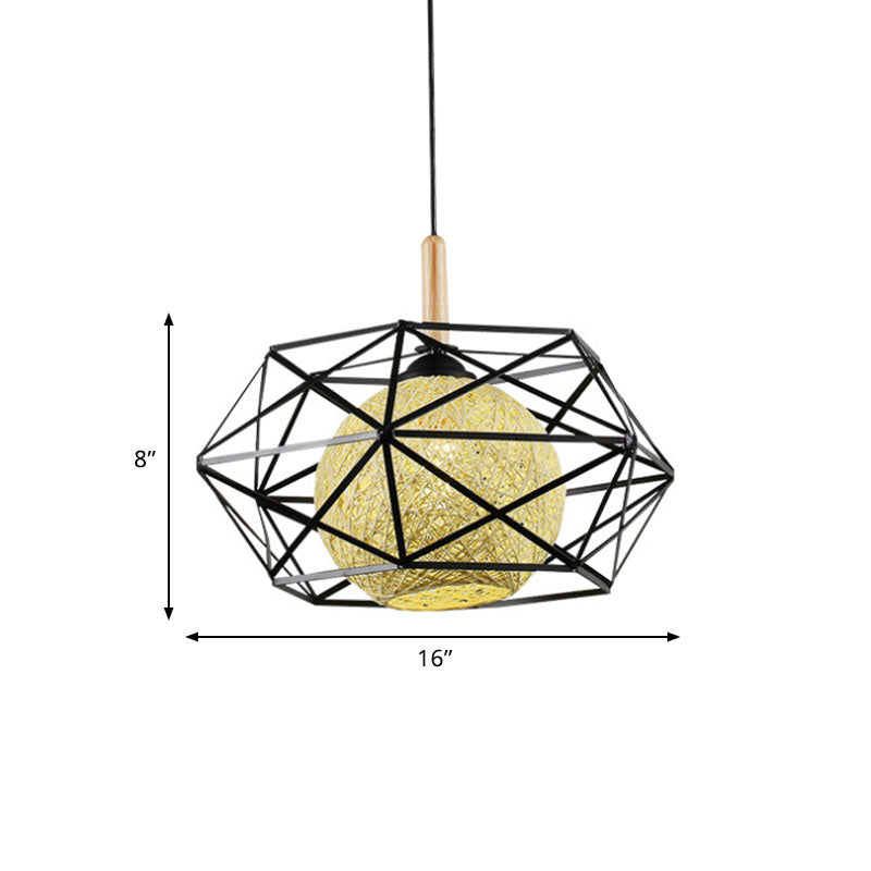 Faceted Cage Metal Pendant Light with Globe Rattan Shade Industrial 1 Light Foyer Dining Room in Black Clearhalo 'Ceiling Lights' 'Pendant Lights' 'Pendants' Lighting' 1417315