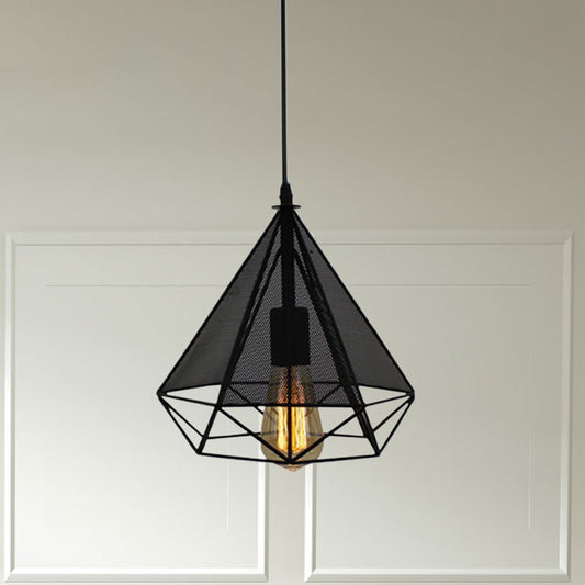 1 Bulb Metallic Pendant Lamp Industrial Style Black Diamond Indoor Pendant Lighting with Mesh Screen Black Clearhalo 'Art Deco Pendants' 'Black' 'Cast Iron' 'Ceiling Lights' 'Ceramic' 'Crystal' 'Industrial Pendants' 'Industrial' 'Metal' 'Middle Century Pendants' 'Pendant Lights' 'Pendants' 'Rustic Pendants' 'Tiffany' Lighting' 1417318