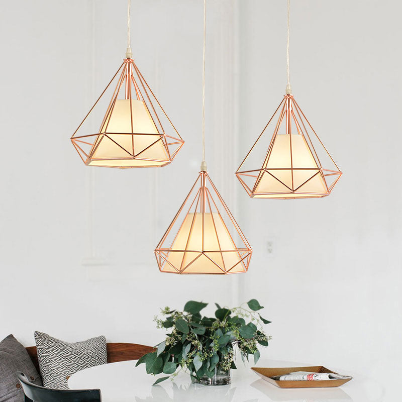 Rose Gold Diamond Cage Ceiling Light Macaron Style Metal and Fabric 1 Light Coffee Shop Pendant Lighting Rose Gold Clearhalo 'Ceiling Lights' 'Modern Pendants' 'Modern' 'Pendant Lights' 'Pendants' Lighting' 1417323