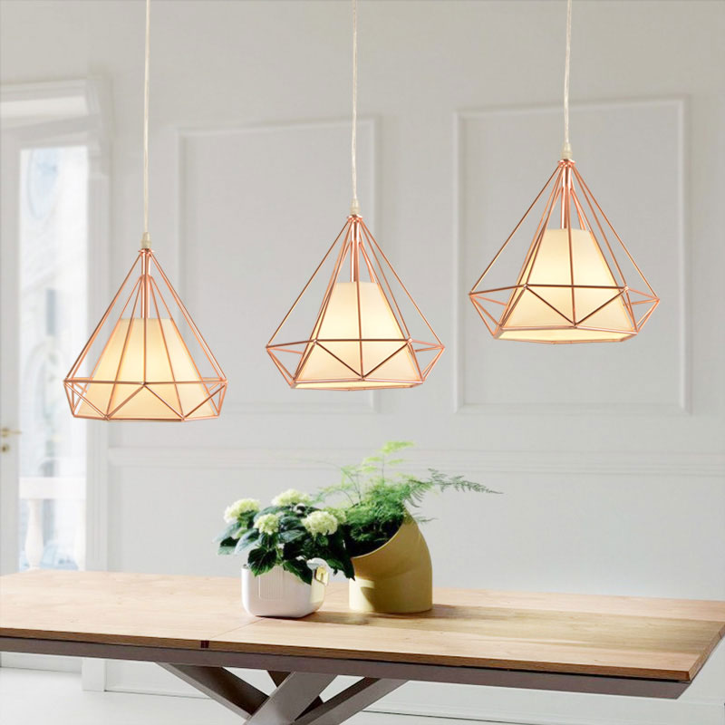 Rose Gold Diamond Cage Ceiling Light Macaron Style Metal and Fabric 1 Light Coffee Shop Pendant Lighting Clearhalo 'Ceiling Lights' 'Modern Pendants' 'Modern' 'Pendant Lights' 'Pendants' Lighting' 1417324