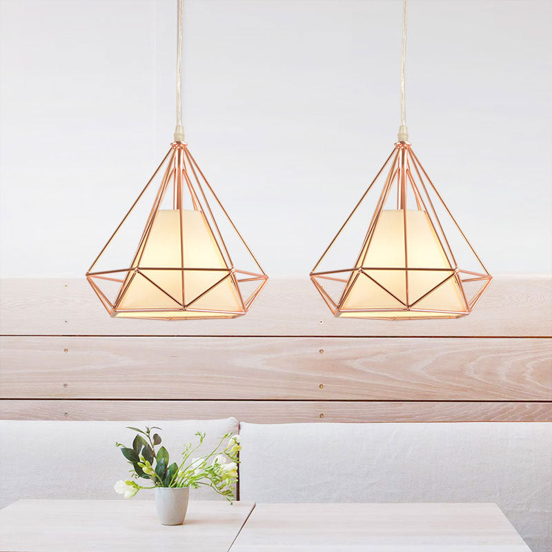 Rose Gold Diamond Cage Ceiling Light Macaron Style Metal and Fabric 1 Light Coffee Shop Pendant Lighting Clearhalo 'Ceiling Lights' 'Modern Pendants' 'Modern' 'Pendant Lights' 'Pendants' Lighting' 1417325