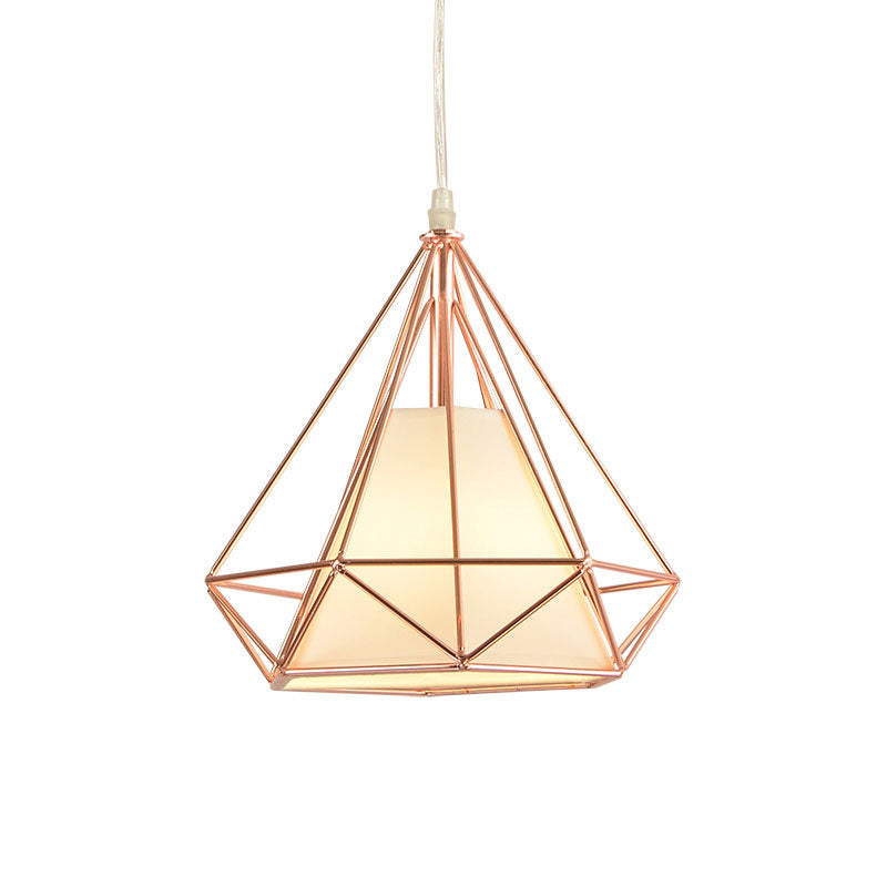 Rose Gold Diamond Cage Ceiling Light Macaron Style Metal and Fabric 1 Light Coffee Shop Pendant Lighting Clearhalo 'Ceiling Lights' 'Modern Pendants' 'Modern' 'Pendant Lights' 'Pendants' Lighting' 1417326