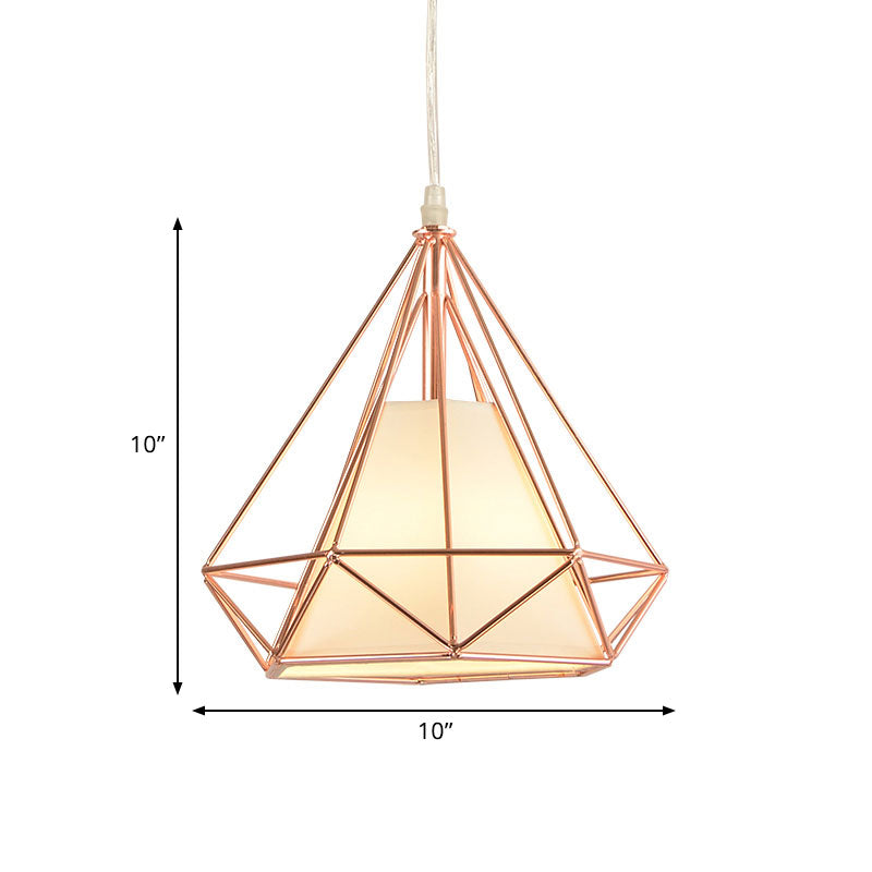 Rose Gold Diamond Cage Ceiling Light Macaron Style Metal and Fabric 1 Light Coffee Shop Pendant Lighting Clearhalo 'Ceiling Lights' 'Modern Pendants' 'Modern' 'Pendant Lights' 'Pendants' Lighting' 1417327