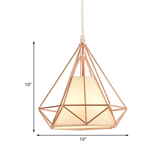 Rose Gold Diamond Cage Ceiling Light Macaron Style Metal and Fabric 1 Light Coffee Shop Pendant Lighting Clearhalo 'Ceiling Lights' 'Modern Pendants' 'Modern' 'Pendant Lights' 'Pendants' Lighting' 1417327