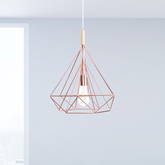 Diamond Metal Cage Pendant Light Nordic Industrial 1 Light Ceiling Hanging Light in Rose Gold Clearhalo 'Art Deco Pendants' 'Cast Iron' 'Ceiling Lights' 'Ceramic' 'Crystal' 'Industrial Pendants' 'Industrial' 'Metal' 'Middle Century Pendants' 'Pendant Lights' 'Pendants' 'Tiffany' Lighting' 1417364