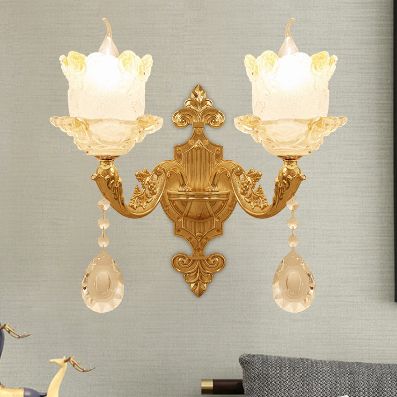 Traditional Scrolled Arm Sconce 1/2-Bulb Glass Blossom Shade Wall Mount Light in Brass with Crystal Accents 2.0 Brass Clearhalo 'Wall Lamps & Sconces' 'Wall Lights' Lighting' 1417385