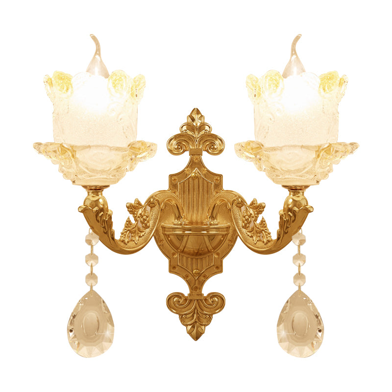 Traditional Scrolled Arm Sconce 1/2-Bulb Glass Blossom Shade Wall Mount Light in Brass with Crystal Accents Clearhalo 'Wall Lamps & Sconces' 'Wall Lights' Lighting' 1417386