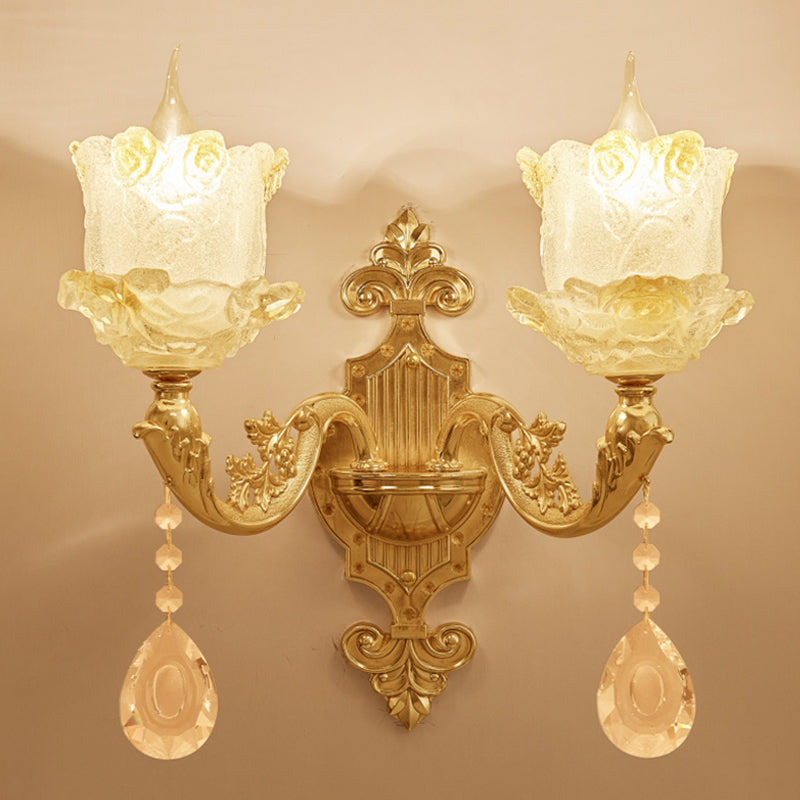 Traditional Scrolled Arm Sconce 1/2-Bulb Glass Blossom Shade Wall Mount Light in Brass with Crystal Accents Clearhalo 'Wall Lamps & Sconces' 'Wall Lights' Lighting' 1417387