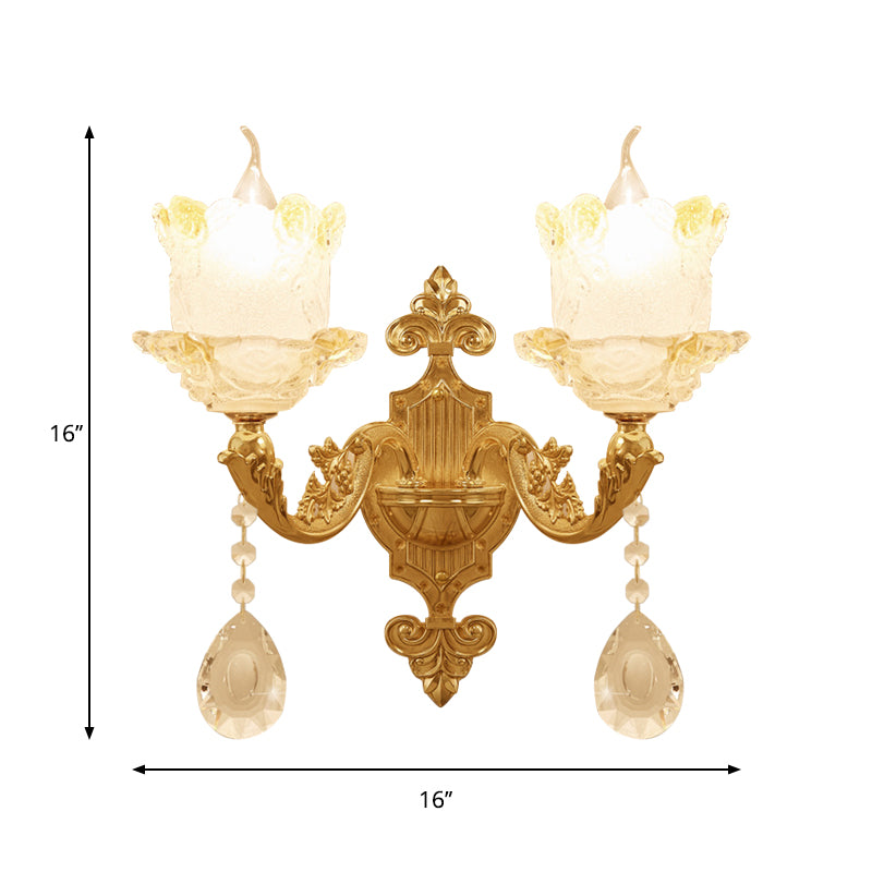 Traditional Scrolled Arm Sconce 1/2-Bulb Glass Blossom Shade Wall Mount Light in Brass with Crystal Accents Clearhalo 'Wall Lamps & Sconces' 'Wall Lights' Lighting' 1417388