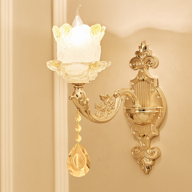 Traditional Scrolled Arm Sconce 1/2-Bulb Glass Blossom Shade Wall Mount Light in Brass with Crystal Accents 1.0 Brass Clearhalo 'Wall Lamps & Sconces' 'Wall Lights' Lighting' 1417389