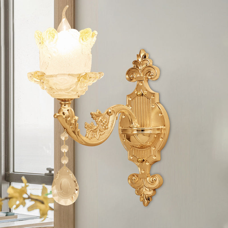 Traditional Scrolled Arm Sconce 1/2-Bulb Glass Blossom Shade Wall Mount Light in Brass with Crystal Accents Clearhalo 'Wall Lamps & Sconces' 'Wall Lights' Lighting' 1417390