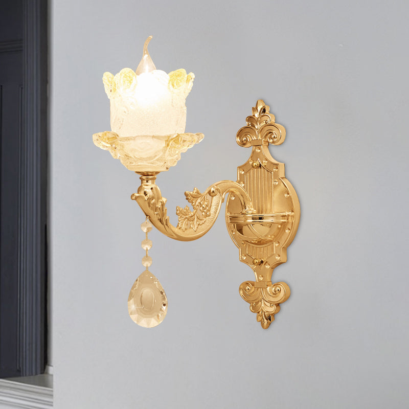 Traditional Scrolled Arm Sconce 1/2-Bulb Glass Blossom Shade Wall Mount Light in Brass with Crystal Accents Clearhalo 'Wall Lamps & Sconces' 'Wall Lights' Lighting' 1417391