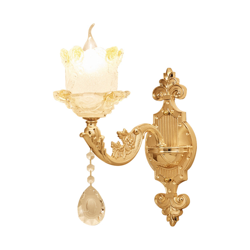 Traditional Scrolled Arm Sconce 1/2-Bulb Glass Blossom Shade Wall Mount Light in Brass with Crystal Accents Clearhalo 'Wall Lamps & Sconces' 'Wall Lights' Lighting' 1417392