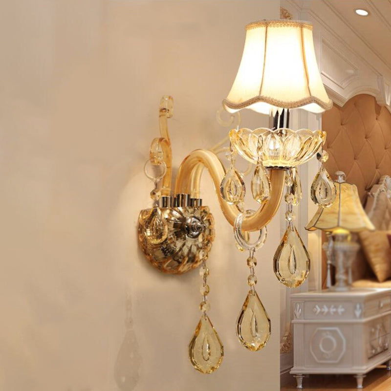 1/2-Head Swirled Arm Wall Lighting Traditional Champagne Crystal Drops Sconce with Flared Fabric Shade 1.0 Champagne Clearhalo 'Wall Lamps & Sconces' 'Wall Lights' Lighting' 1417397