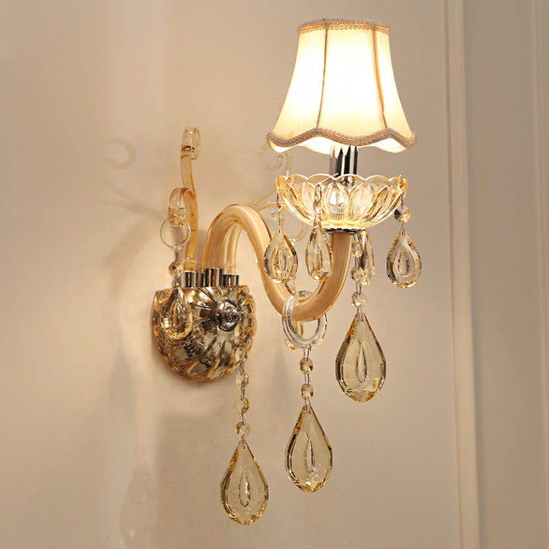 1/2-Head Swirled Arm Wall Lighting Traditional Champagne Crystal Drops Sconce with Flared Fabric Shade Clearhalo 'Wall Lamps & Sconces' 'Wall Lights' Lighting' 1417398