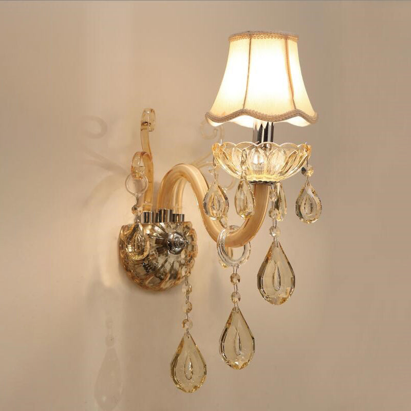 1/2-Head Swirled Arm Wall Lighting Traditional Champagne Crystal Drops Sconce with Flared Fabric Shade Clearhalo 'Wall Lamps & Sconces' 'Wall Lights' Lighting' 1417399