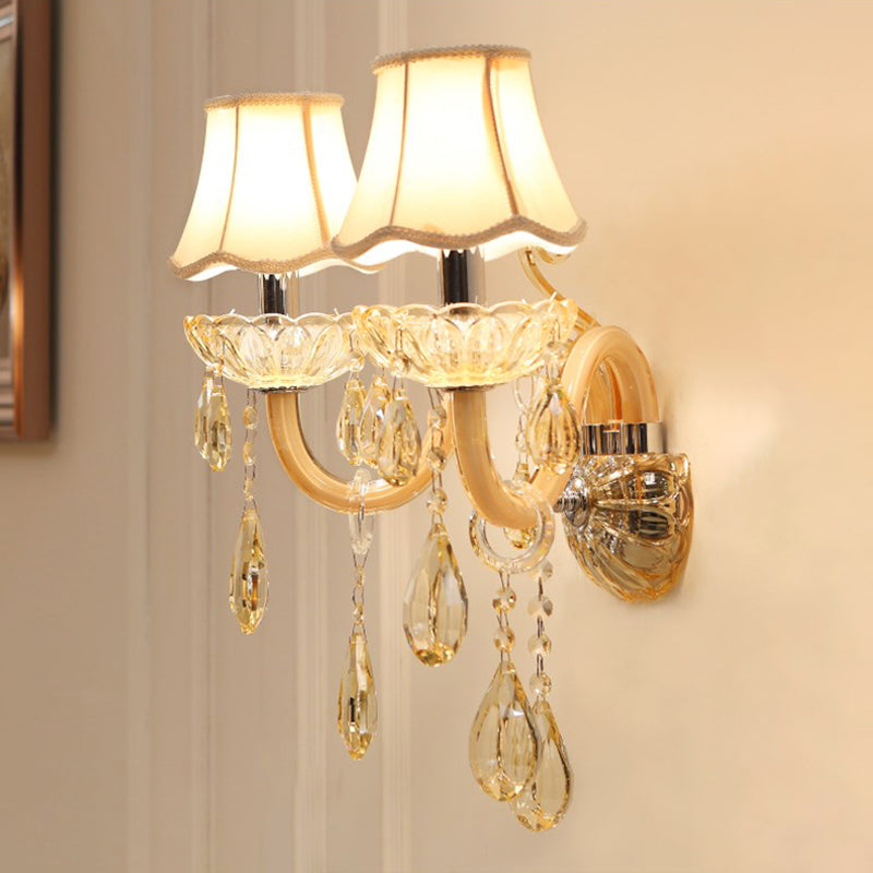 1/2-Head Swirled Arm Wall Lighting Traditional Champagne Crystal Drops Sconce with Flared Fabric Shade 2.0 Champagne Clearhalo 'Wall Lamps & Sconces' 'Wall Lights' Lighting' 1417401