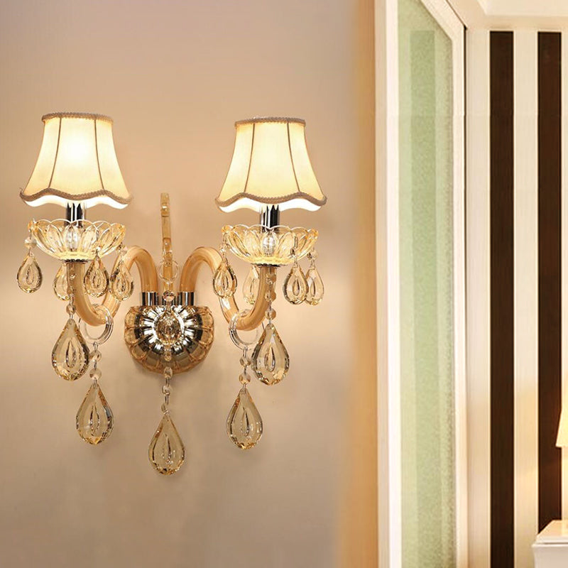 1/2-Head Swirled Arm Wall Lighting Traditional Champagne Crystal Drops Sconce with Flared Fabric Shade Clearhalo 'Wall Lamps & Sconces' 'Wall Lights' Lighting' 1417403