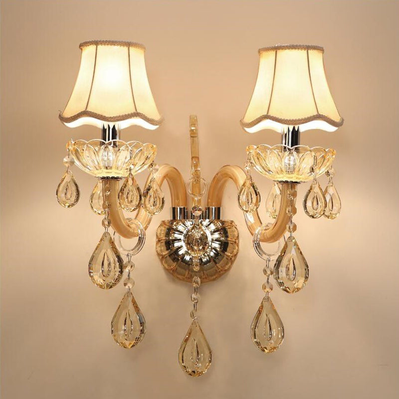 1/2-Head Swirled Arm Wall Lighting Traditional Champagne Crystal Drops Sconce with Flared Fabric Shade Clearhalo 'Wall Lamps & Sconces' 'Wall Lights' Lighting' 1417404