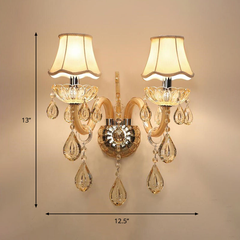 1/2-Head Swirled Arm Wall Lighting Traditional Champagne Crystal Drops Sconce with Flared Fabric Shade Clearhalo 'Wall Lamps & Sconces' 'Wall Lights' Lighting' 1417405