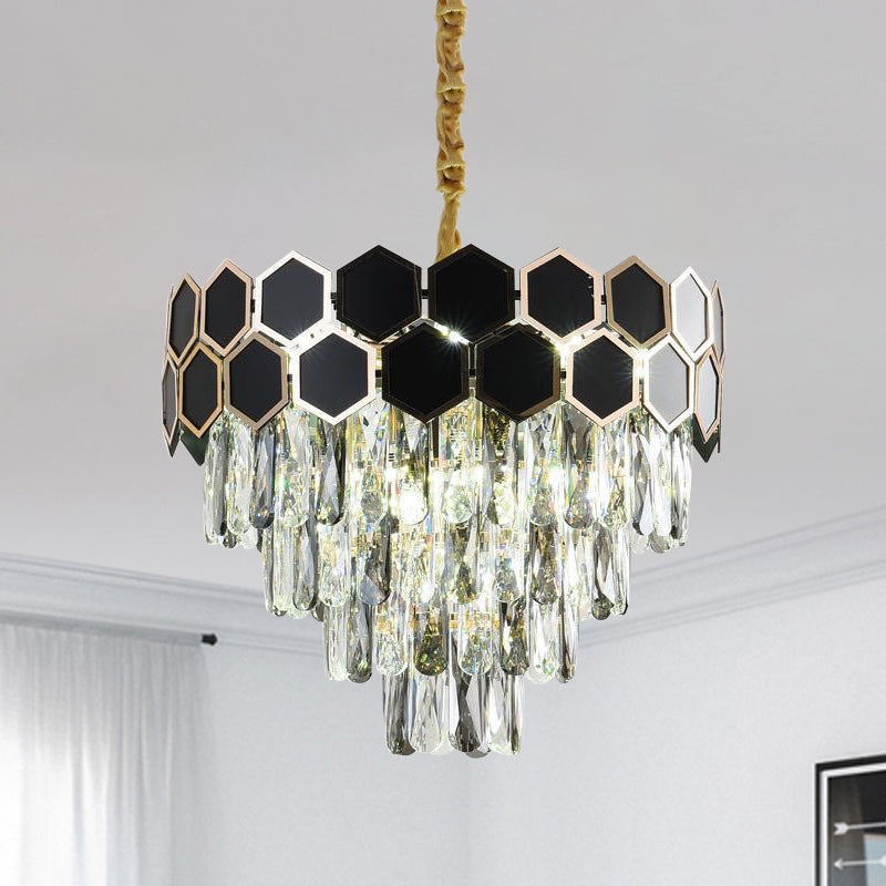 Clear Glass Drops Black Finish Hanging Light Tapered 9 Bulbs Contemporary Chandelier Lamp Black Clearhalo 'Ceiling Lights' 'Chandeliers' 'Modern Chandeliers' 'Modern' Lighting' 1417461