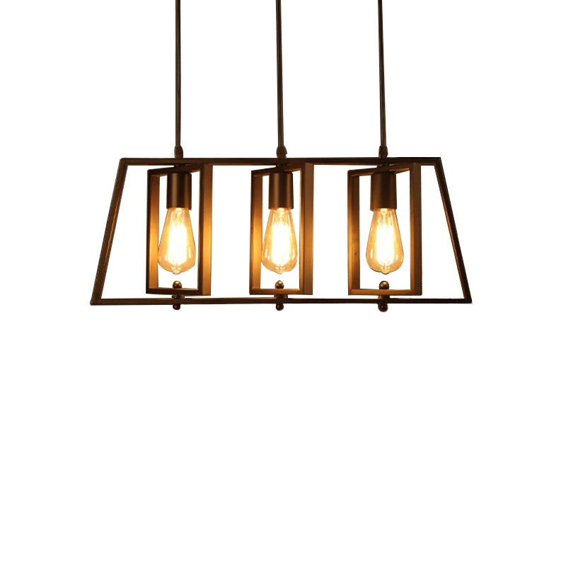 Farmhouse Trapezoid Frame Island Pendant Light 3 Lights Metallic Island Chandelier Light with Open Bulb in Black Clearhalo 'Ceiling Lights' 'Island Lights' Lighting' 141747