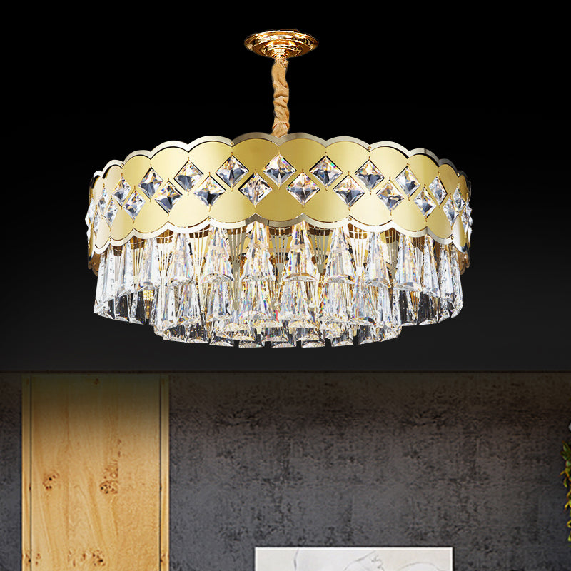 Gold Finish Drum Chandelier Modern Clear Crystal Drops 9 Heads Great Room Pendant Lighting, 19.5"/23.5" Width Gold 23.5" Clearhalo 'Ceiling Lights' 'Chandeliers' 'Modern Chandeliers' 'Modern' Lighting' 1417470