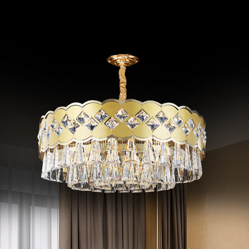 Gold Finish Drum Chandelier Modern Clear Crystal Drops 9 Heads Great Room Pendant Lighting, 19.5"/23.5" Width Clearhalo 'Ceiling Lights' 'Chandeliers' 'Modern Chandeliers' 'Modern' Lighting' 1417471