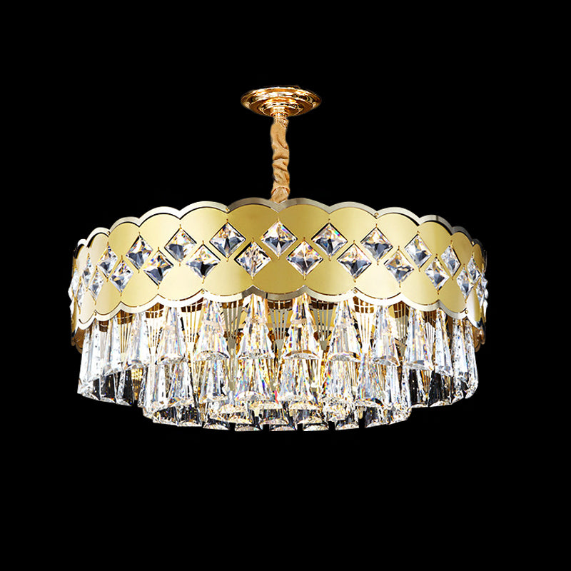 Gold Finish Drum Chandelier Modern Clear Crystal Drops 9 Heads Great Room Pendant Lighting, 19.5"/23.5" Width Clearhalo 'Ceiling Lights' 'Chandeliers' 'Modern Chandeliers' 'Modern' Lighting' 1417472