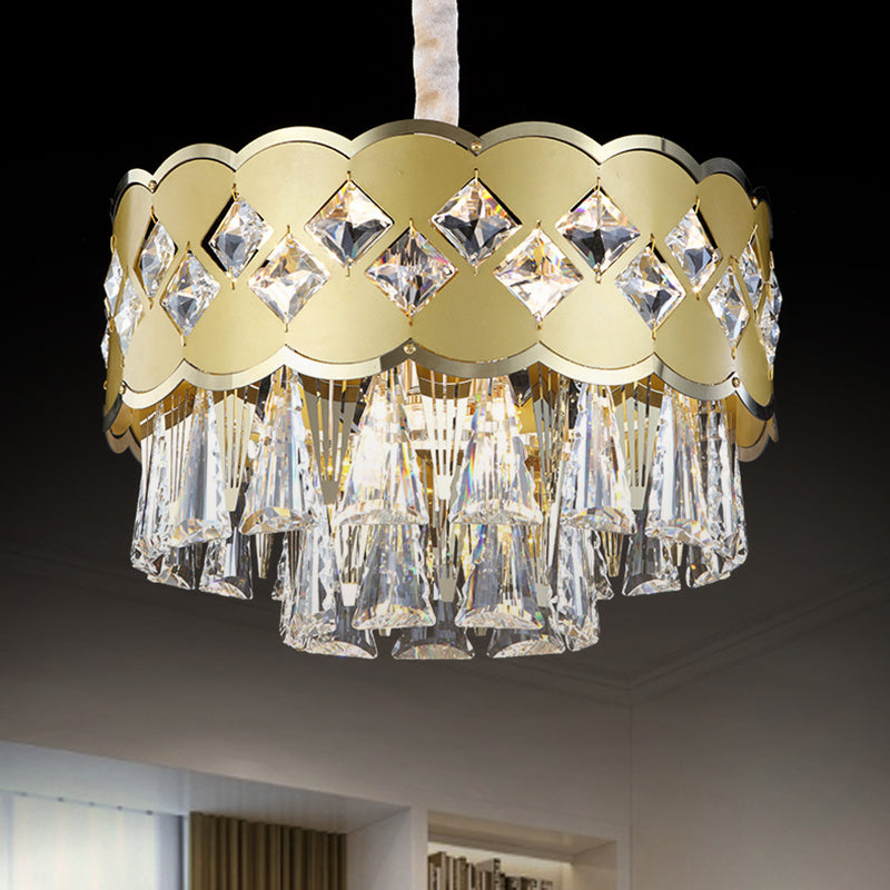 Gold Finish Drum Chandelier Modern Clear Crystal Drops 9 Heads Great Room Pendant Lighting, 19.5"/23.5" Width Gold 19.5" Clearhalo 'Ceiling Lights' 'Chandeliers' 'Modern Chandeliers' 'Modern' Lighting' 1417474