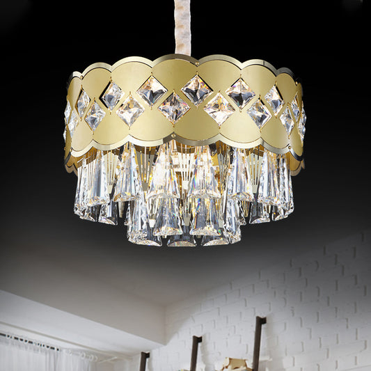 Gold Finish Drum Chandelier Modern Clear Crystal Drops 9 Heads Great Room Pendant Lighting, 19.5"/23.5" Width Clearhalo 'Ceiling Lights' 'Chandeliers' 'Modern Chandeliers' 'Modern' Lighting' 1417475