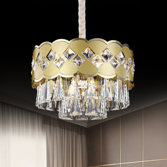 Gold Finish Drum Chandelier Modern Clear Crystal Drops 9 Heads Great Room Pendant Lighting, 19.5"/23.5" Width Clearhalo 'Ceiling Lights' 'Chandeliers' 'Modern Chandeliers' 'Modern' Lighting' 1417476