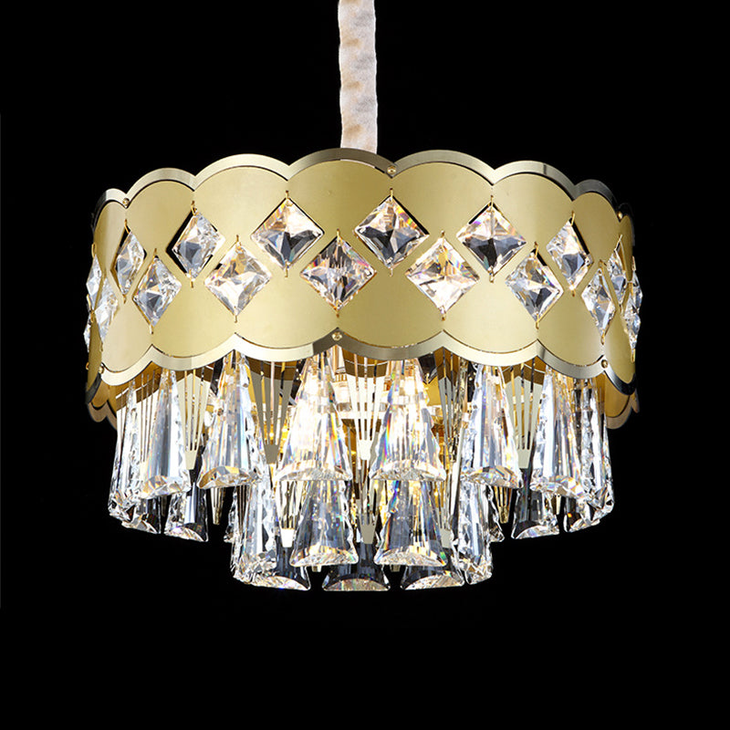 Gold Finish Drum Chandelier Modern Clear Crystal Drops 9 Heads Great Room Pendant Lighting, 19.5"/23.5" Width Clearhalo 'Ceiling Lights' 'Chandeliers' 'Modern Chandeliers' 'Modern' Lighting' 1417477