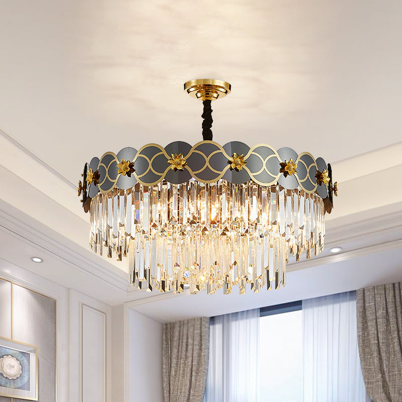 6 Bulbs Clear Glass Prisms Pendant Traditional Grey Finish Taper Parlor Ceiling Chandelier with Golden Flower Decor Clearhalo 'Ceiling Lights' 'Chandeliers' Lighting' options 1417479