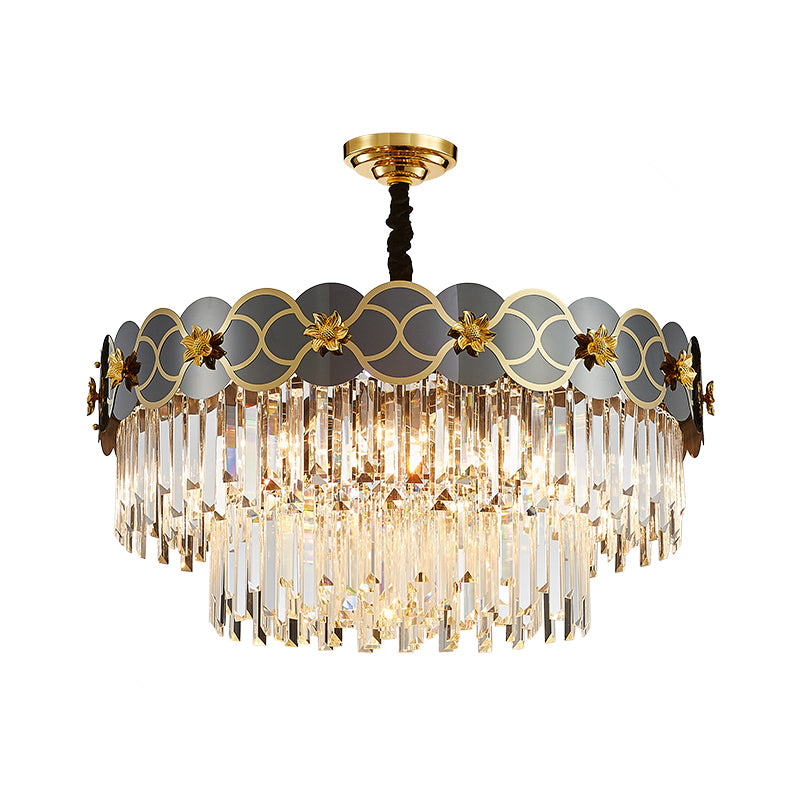 6 Bulbs Clear Glass Prisms Pendant Traditional Grey Finish Taper Parlor Ceiling Chandelier with Golden Flower Decor Clearhalo 'Ceiling Lights' 'Chandeliers' Lighting' options 1417480