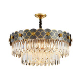 6 Bulbs Clear Glass Prisms Pendant Traditional Grey Finish Taper Parlor Ceiling Chandelier with Golden Flower Decor Clearhalo 'Ceiling Lights' 'Chandeliers' Lighting' options 1417480