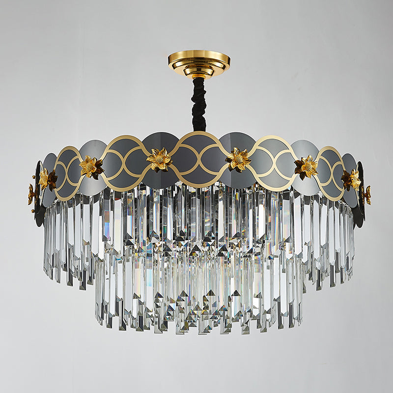 6 Bulbs Clear Glass Prisms Pendant Traditional Grey Finish Taper Parlor Ceiling Chandelier with Golden Flower Decor Clearhalo 'Ceiling Lights' 'Chandeliers' Lighting' options 1417481