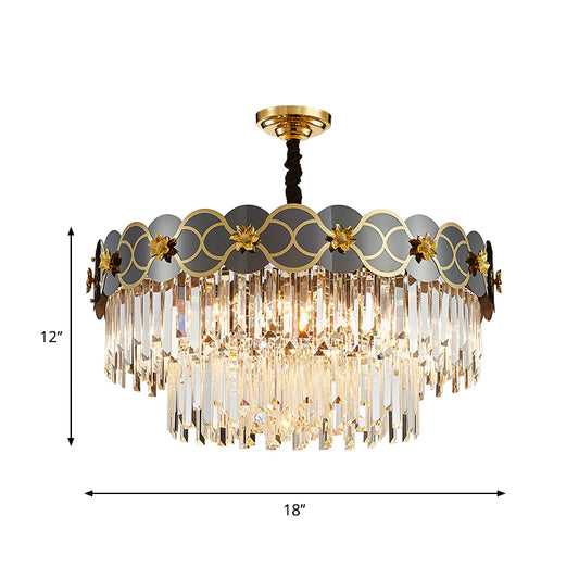 6 Bulbs Clear Glass Prisms Pendant Traditional Grey Finish Taper Parlor Ceiling Chandelier with Golden Flower Decor Clearhalo 'Ceiling Lights' 'Chandeliers' Lighting' options 1417482