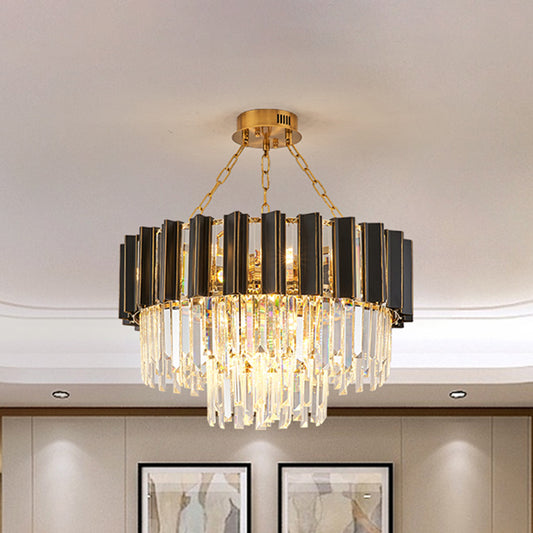 Tapered Bedroom Chandelier Light Modern Clear Crystal Prisms 9 Heads Black Finish Hanging Lamp Kit Black Clearhalo 'Ceiling Lights' 'Chandeliers' 'Modern Chandeliers' 'Modern' Lighting' 1417504