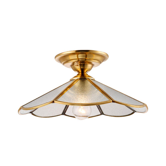 1 Light Cone/Wide Flare Shade Semi Flush Light Industrial Brass Hammered Glass Ceiling Mount Clearhalo 'Ceiling Lights' 'Close To Ceiling Lights' 'Close to ceiling' 'Glass shade' 'Glass' 'Semi-flushmount' Lighting' 141751