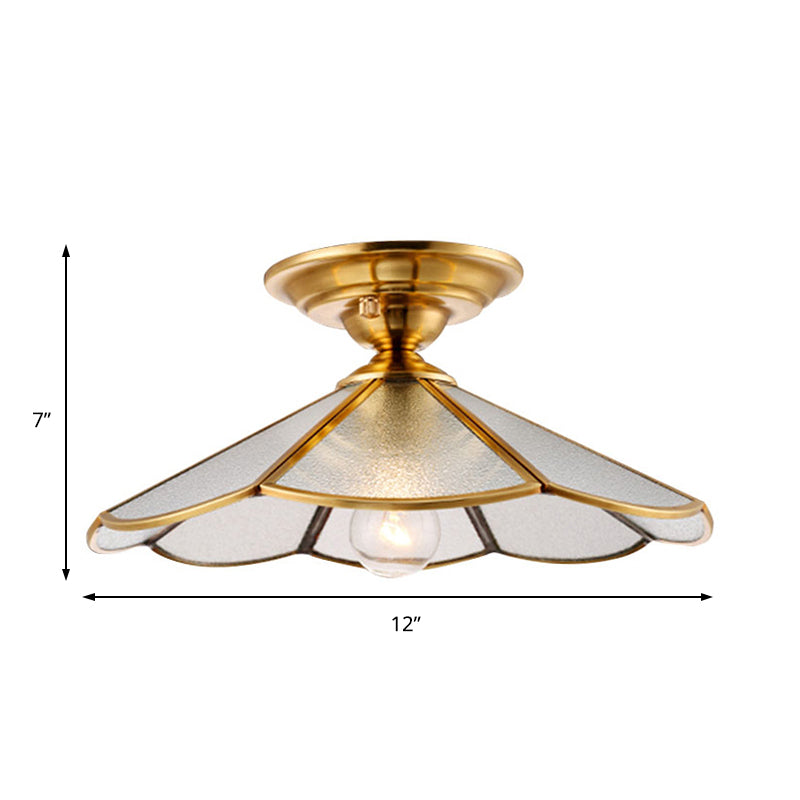 1 Light Cone/Wide Flare Shade Semi Flush Light Industrial Brass Hammered Glass Ceiling Mount Clearhalo 'Ceiling Lights' 'Close To Ceiling Lights' 'Close to ceiling' 'Glass shade' 'Glass' 'Semi-flushmount' Lighting' 141752