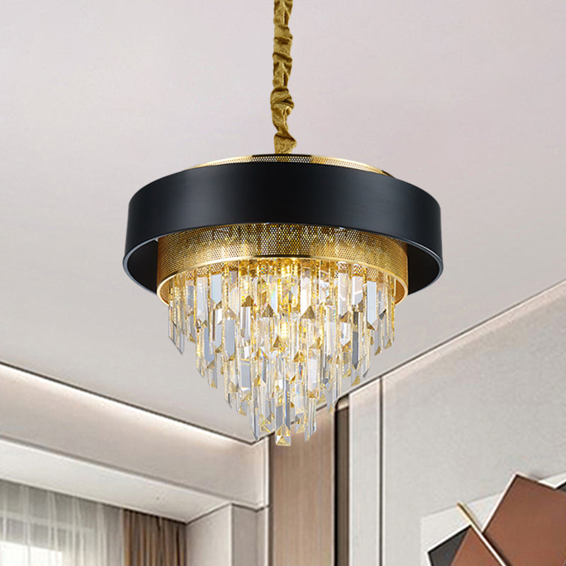 5 Heads Taper Ceiling Chandelier Traditional Black/White Finish Clear Crystal Prisms Pendant with Gold Mesh Clearhalo 'Ceiling Lights' 'Chandeliers' Lighting' options 1417522