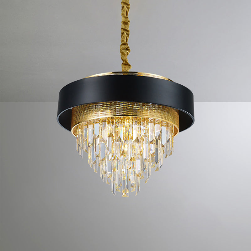 5 Heads Taper Ceiling Chandelier Traditional Black/White Finish Clear Crystal Prisms Pendant with Gold Mesh Clearhalo 'Ceiling Lights' 'Chandeliers' Lighting' options 1417523