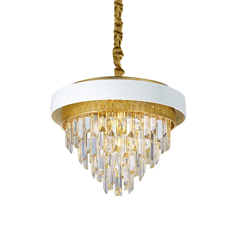 5 Heads Taper Ceiling Chandelier Traditional Black/White Finish Clear Crystal Prisms Pendant with Gold Mesh Clearhalo 'Ceiling Lights' 'Chandeliers' Lighting' options 1417529