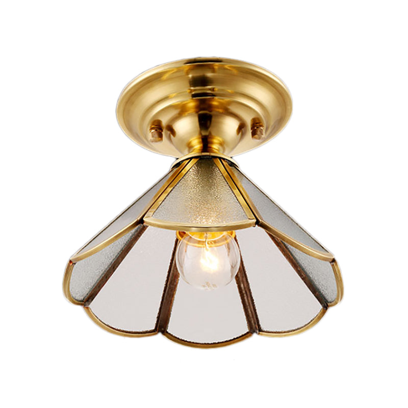 1 Light Cone/Wide Flare Shade Semi Flush Light Industrial Brass Hammered Glass Ceiling Mount Clearhalo 'Ceiling Lights' 'Close To Ceiling Lights' 'Close to ceiling' 'Glass shade' 'Glass' 'Semi-flushmount' Lighting' 141754