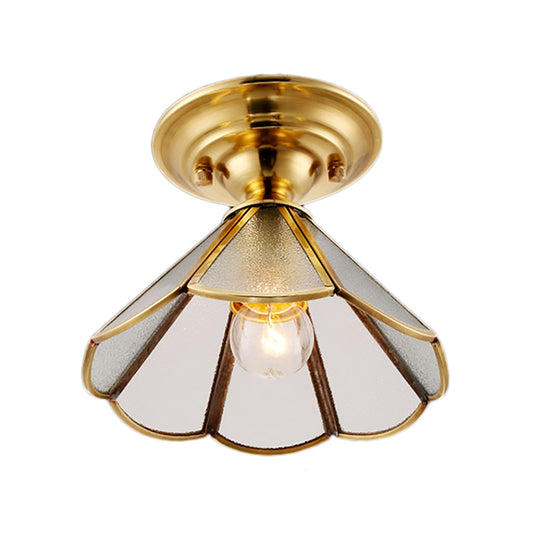 1 Light Cone/Wide Flare Shade Semi Flush Light Industrial Brass Hammered Glass Ceiling Mount Clearhalo 'Ceiling Lights' 'Close To Ceiling Lights' 'Close to ceiling' 'Glass shade' 'Glass' 'Semi-flushmount' Lighting' 141754