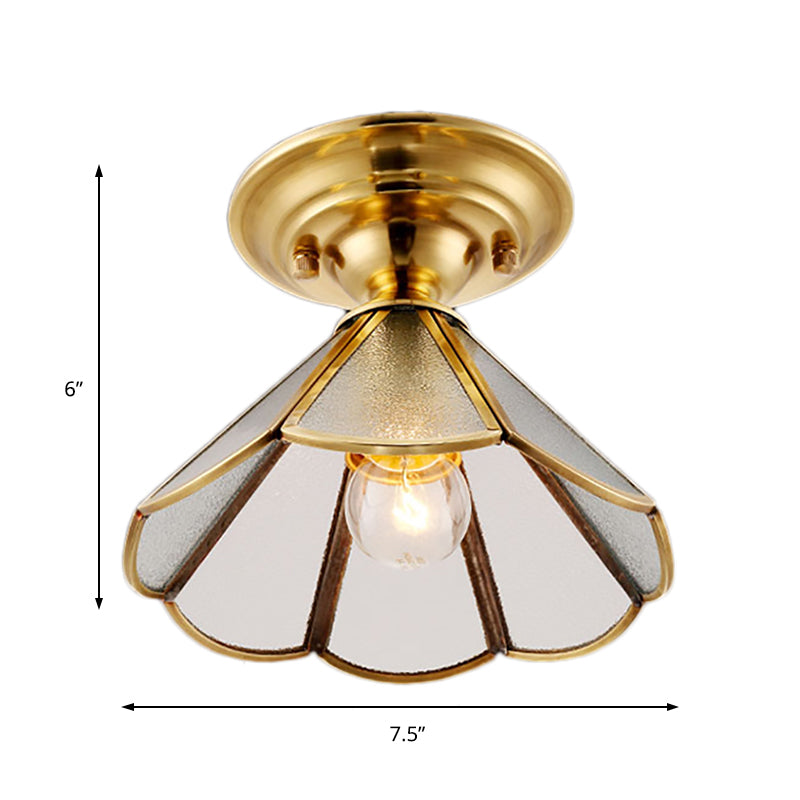 1 Light Cone/Wide Flare Shade Semi Flush Light Industrial Brass Hammered Glass Ceiling Mount Clearhalo 'Ceiling Lights' 'Close To Ceiling Lights' 'Close to ceiling' 'Glass shade' 'Glass' 'Semi-flushmount' Lighting' 141755