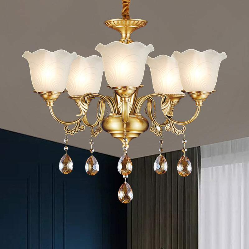 3/5 Bulbs Scrolls Hanging Lamp Traditional Gold Crystal Floral Shade Chandelier with Clear Glass Drops Clearhalo 'Ceiling Lights' 'Chandeliers' Lighting' options 1417562