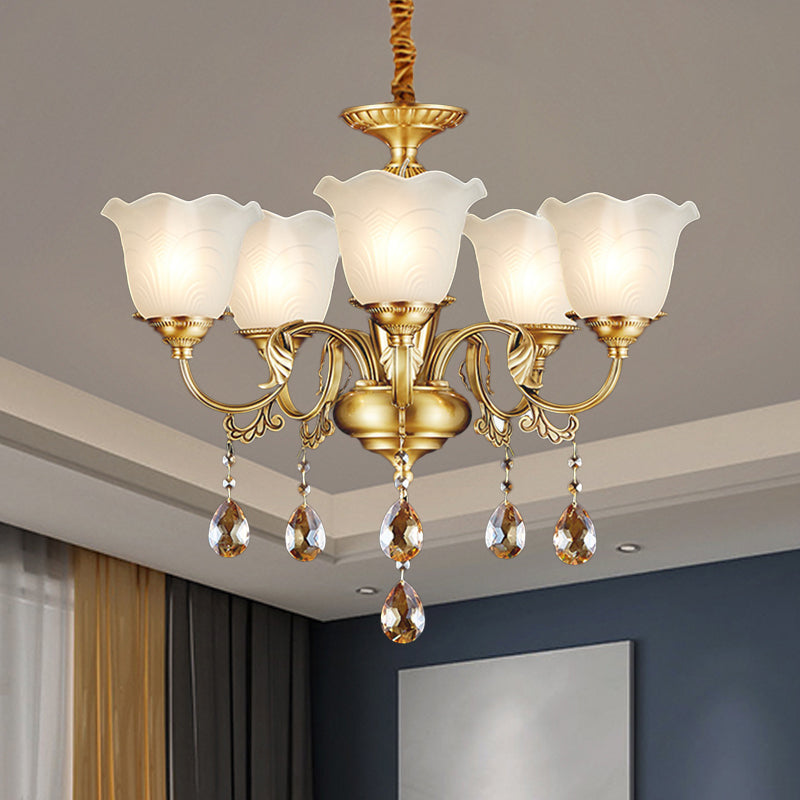 3/5 Bulbs Scrolls Hanging Lamp Traditional Gold Crystal Floral Shade Chandelier with Clear Glass Drops Clearhalo 'Ceiling Lights' 'Chandeliers' Lighting' options 1417563