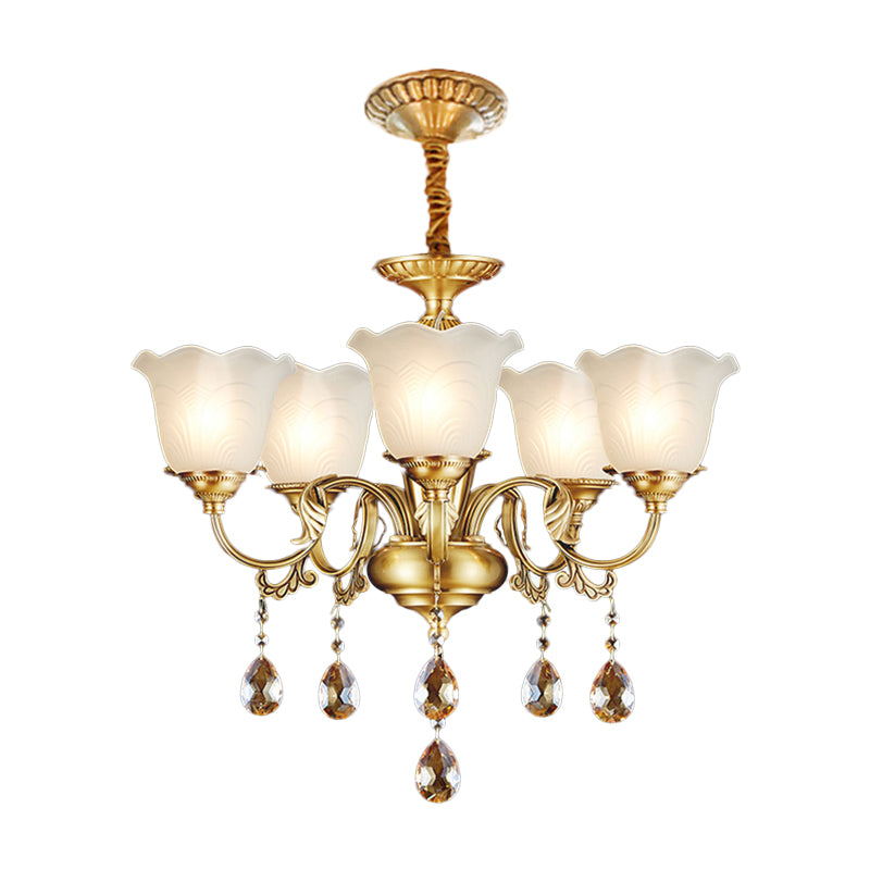 3/5 Bulbs Scrolls Hanging Lamp Traditional Gold Crystal Floral Shade Chandelier with Clear Glass Drops Clearhalo 'Ceiling Lights' 'Chandeliers' Lighting' options 1417564